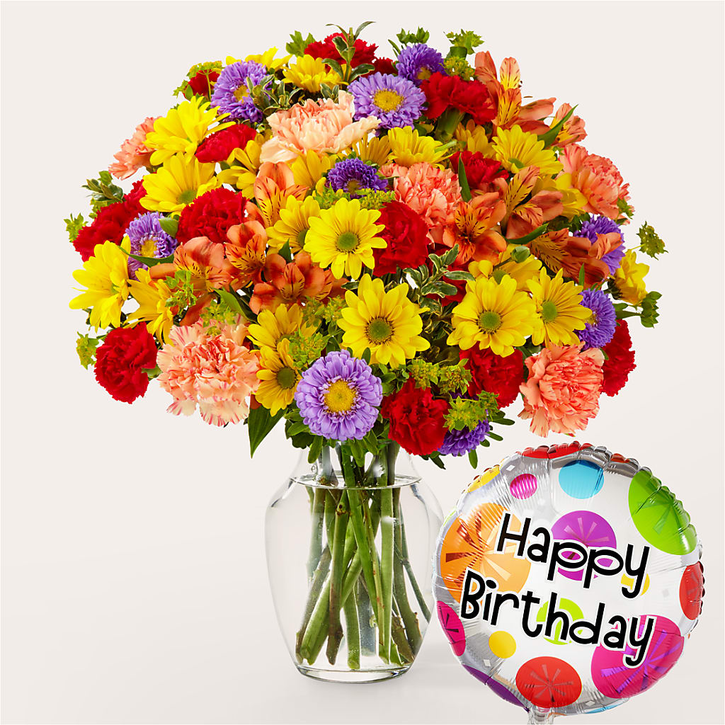 Kaleidoscope Bouquet with Birthday Balloon – Colonial Flower Shoppe, Somers CT