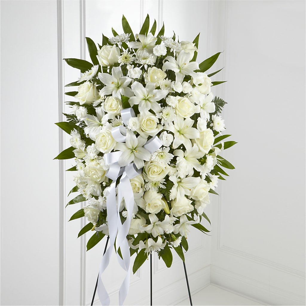 Exquisite Tribute Standing Spray-White Ribbon – Colonial Flower Shoppe, Somers CT