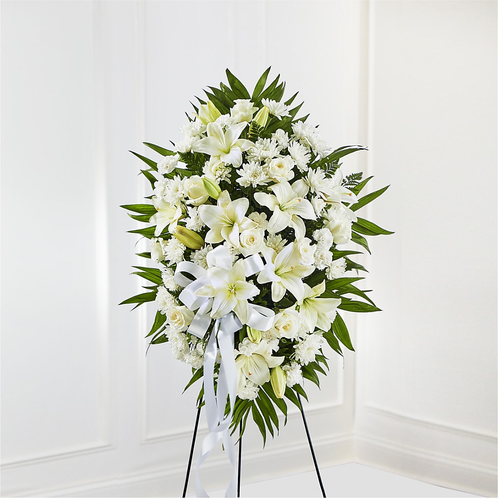 Exquisite Tribute Standing Spray-White Ribbon – Colonial Flower Shoppe, Somers CT