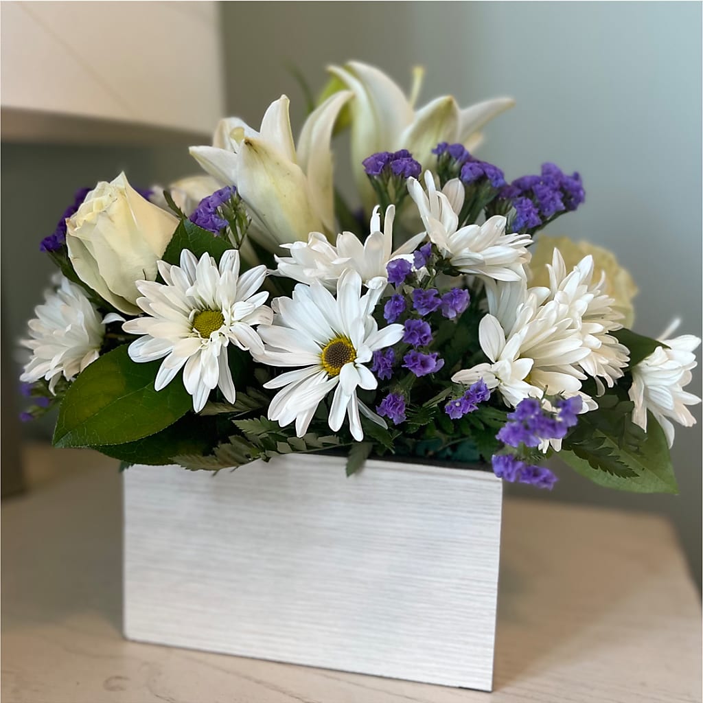 Beyond Blue Box Bouquet –  Colonial Flower Shoppe, Somers CT