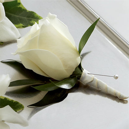 White Rose Boutonniere –  Colonial Flower Shoppe, Somers CT